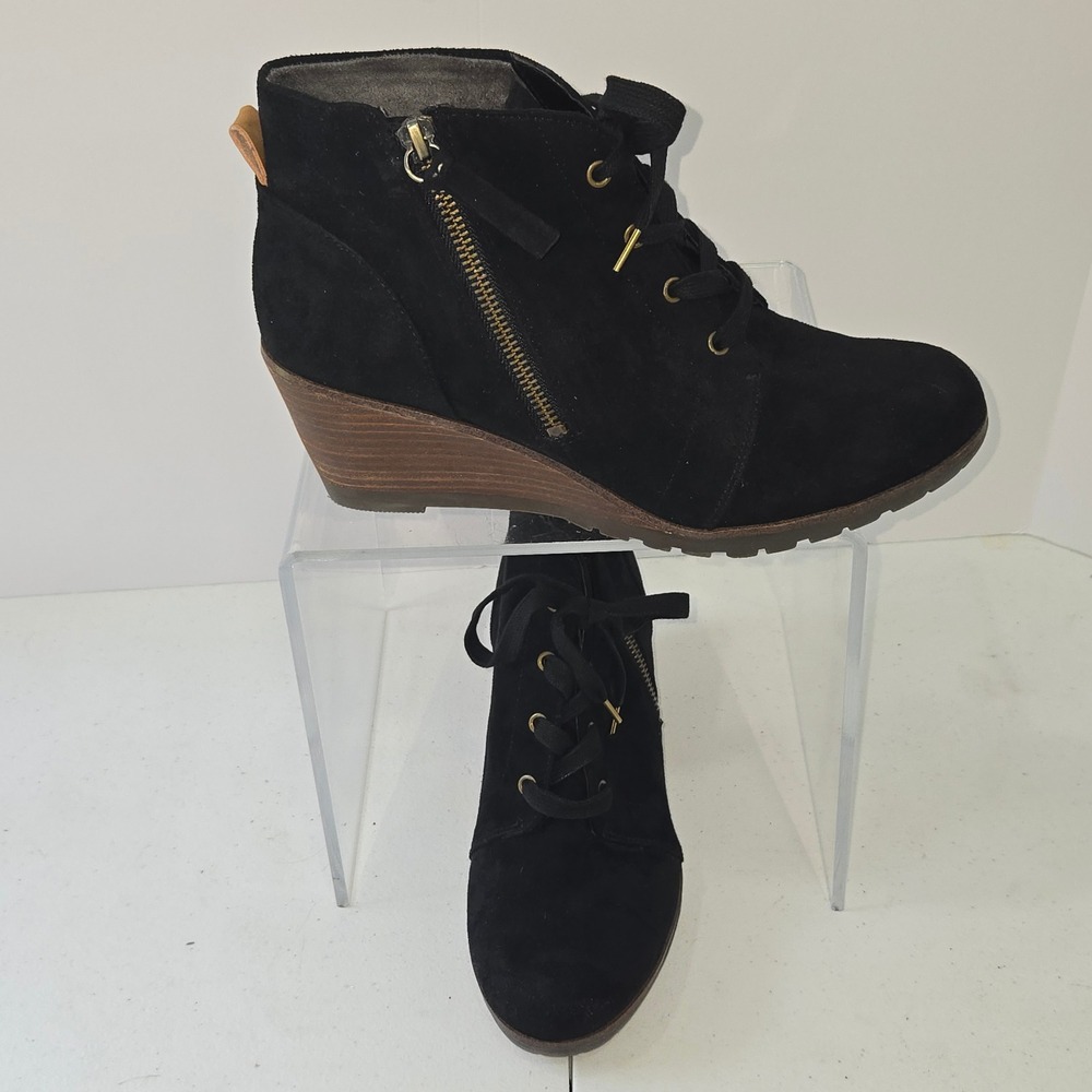 Dr Scholls Womens 8.5 Black Fabric Wedge Ankle Boots Lace Up Side Zip AC482